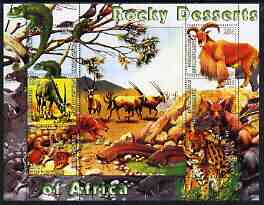 Kyrgyzstan 2004 Fauna of the World - Rocky Desserts of Africa perf sheetlet containing 6 values unmounted mint, stamps on , stamps on  stamps on animals, stamps on  stamps on antelopes, stamps on  stamps on reptiles, stamps on  stamps on chameleons, stamps on  stamps on cats, stamps on  stamps on fish