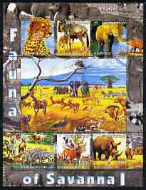 Kyrgyzstan 2004 Fauna of the World - Savanna #1 perf sheetlet containing 6 values unmounted mint, stamps on , stamps on  stamps on animals, stamps on  stamps on antelopes, stamps on  stamps on elephants, stamps on  stamps on lions, stamps on  stamps on cats, stamps on  stamps on zebras, stamps on  stamps on rhinos, stamps on  stamps on vultures, stamps on  stamps on birds of prey, stamps on  stamps on zebra