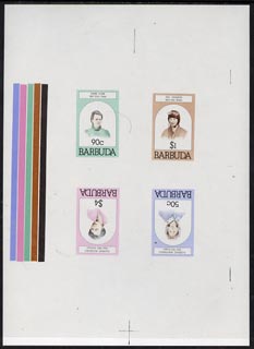 Barbuda 1981 Famous Women imperf master proof containing set of 4 values on gummed paper showing solid colour bars, rare unmounted mint, stamps on , stamps on  stamps on personalities, stamps on  stamps on nurses, stamps on  stamps on women, stamps on  stamps on nobel, stamps on  stamps on aviation, stamps on  stamps on medical, stamps on  stamps on physics, stamps on  stamps on x-rays, stamps on  stamps on chemist