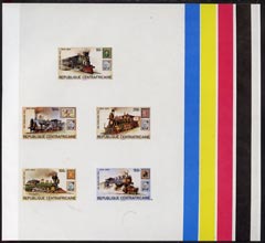 Central African Empire 1979 Death Centenary of Sir Rowland Hill (Railway Locos) imperf master proof containing set of 5 values on gummed paper showing solid colour bars, rare, stamps on , stamps on  stamps on postal, stamps on  stamps on rowland hill, stamps on  stamps on railways