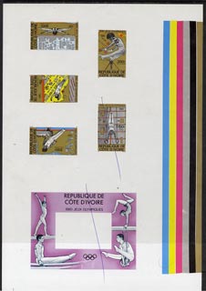 Ivory Coast 1980 Moscow Olympics imperf master proof containing 5 stamps and outer frame for m/sheet on gummed paper showing solid colour bars (one stamp and m/sheet crossed out) rare, stamps on , stamps on  stamps on olympics, stamps on  stamps on gymnastics, stamps on  stamps on , stamps on  stamps on  gym , stamps on  stamps on gymnastics, stamps on  stamps on 