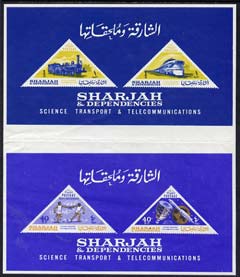 Sharjah 1965 Science, Transport & Communications, the two imperf m/sheets (joined) from uncut proof sheet, folded and some wrinkles but rare unmounted mint, stamps on , stamps on  stamps on railways, stamps on  stamps on triangulars, stamps on  stamps on communications, stamps on  stamps on science, stamps on  stamps on transport, stamps on  stamps on space