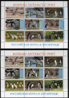 Russian Antarctic Post 1998 Penguins #1 perf sheetlet containing complete set of 9 with shift of blue colour by 3mm, plus normal sheet, stamps on polar, stamps on penguins