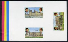 Comoro Islands 1981 Royal Wedding imperf master proof containing set of 3 values on gummed paper showing solid colour bars, Rare, stamps on royalty, stamps on charles, stamps on diana