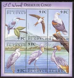 Congo 2000 Birds perf sheetlet #2 containing 6 values signed by Thomas C Wood the designer unmounted mint, SG MS 1617b, stamps on birds, stamps on kingfisher, stamps on birds of prey