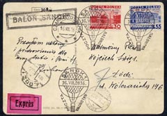 Poland 1936 Washington Commemorative card franked Gordon Bennett pair (SG329-30) tied by special cachet for Balloon Sanok, stamps on balloons, stamps on 