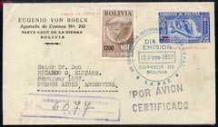 Bolivia 1957 revalued registered postal stationery envelope (dam) to Argentina, stamps on dams, stamps on civil engineering