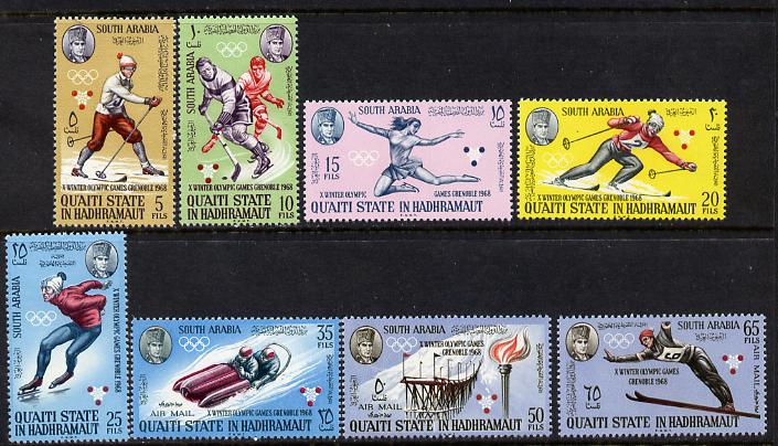 Aden - Qu'aiti 1967 Grenoble Winter Olympics set of 8 unmounted mint (Mi 123-30A), stamps on sport  skiing    skating    bobsled    ice hockey      olympics