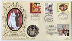 Great Britain 1997 Benham illustrated coin cover for Royal Golden Wedding bearing commem stamps from Guernsey, Isle of Man, Jersey and Great Britain each with special cancel.  Also an uncirculated Isle of Man commemorative Crown (A35) with C of A numbered 1370 of 5000., stamps on , stamps on  stamps on royalty