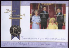 Great Britain 2000 Royal Mail/Royal Mint illustrated coin cover for 100th Year of The Queen Mother bearing Four Generations m/sheet with special  London SW1 handstamp in silver.  Cover  includes uncirculated A35 commem coin and is numbered 04832., stamps on , stamps on  stamps on royalty, stamps on  stamps on queen mother