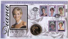 Great Britain 1999 Benham illustrated coin cover for Princess Diana bearing full set 1997 commemoratives with special Kensington Palace Gardens handstamp.  Also includes uncirculated A35 commemorative coin, explanatory card and C of A no 314 of 4000., stamps on , stamps on  stamps on royalty, stamps on  stamps on diana