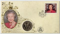 Jersey 1996 Benham illustrated coin cover for 70th Birthday of HM Queen Elizabeth II bearing A35 stamp with special illustrated handstamp. Royal Yacht Britannia cachet with a Guarantee Certificate no 000129 of 7500 and Royal Yacht passage details., stamps on , stamps on  stamps on royalty, stamps on  stamps on 