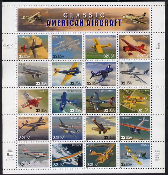 United States 1997 American Aircraft sheetlet containing 20 values unmounted mint, SG 3304a, stamps on , stamps on  stamps on aviation