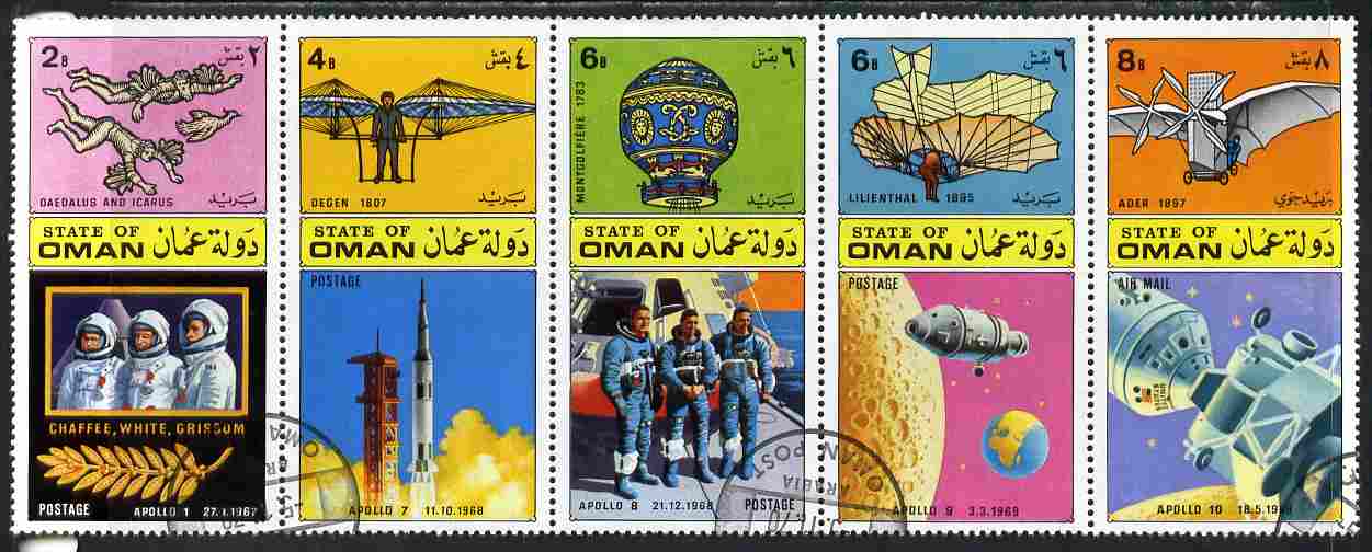 Oman 1970 History of Flight perf set of 5 cto used, stamps on aviation, stamps on space, stamps on apollo