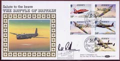 Jersey 1990 Benham silk cover saluting the Battle of Britain, bearing the Jersey 50th Anniversary set of 5 with special Anniversary cancel, carried in a Lancaster of the Memorial Flight and signed by Canadian Ace Bill Randall, stamps on , stamps on  stamps on militaria, stamps on  stamps on  ww2 , stamps on  stamps on lancaster, stamps on  stamps on aviation