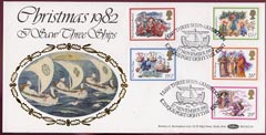 Great Britain 1982 Benham silk cover for Christmas bearing set of 5 with special I Saw Three Ships cancel, stamps on christmas, stamps on ships