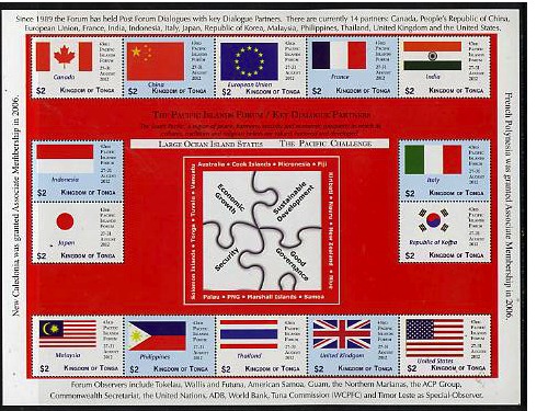 Tonga 2012 43rd Pacific Islands Forum - Key Dialogue Partners sheetlet containing 16 values unmounted mint, stamps on , stamps on  stamps on flags, stamps on  stamps on constitutions