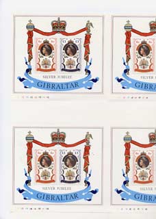 Gibraltar 1977 Silver Jubilee complete uncut sheet containing 6 m/sheets with cyl nos 1A thru 1F, folded along roulettes unmounted mint, rare thus, stamps on royalty, stamps on silver jubilee