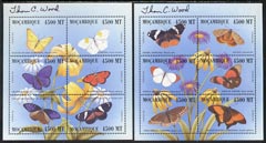 Mozambique 1999 Butterflies set of 12 in 2 perf sheetlets of 6, each signed by Thomas C Wood the designer, stamps on , stamps on  stamps on butterflies
