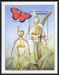 NIcaragua 2000 (?) Orchids & Butterfly perf m/sheet signed by Thomas C Wood the designer (slight imperfection at base), stamps on flowers, stamps on orchids, stamps on butterflies