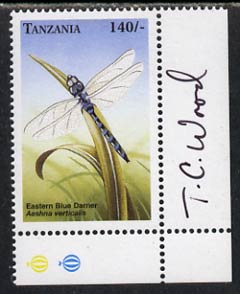 Tanzania 2000 (?) Eastern Blue Darner 140s corner single signed by Thomas C Wood the designer unmounted mint, stamps on , stamps on  stamps on dragonflies, stamps on  stamps on insects