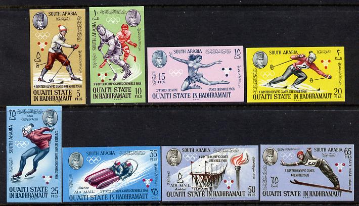 Aden - Quaiti 1967 Grenoble Winter Olympics imperf set of 8 unmounted mint (Mi 123-30B) , stamps on sport  skiing    skating    bobsled    ice hockey    olympics