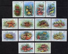 St Kitts 1984 Marine Life set of 14 values complete opt\D5d SPECIMEN unmounted mint, stamps on marine life, stamps on fish, stamps on coral