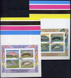 St Thomas & Prince Islands 1980 Olympic Games m/sheet (Stadia) imperf master proof in Alternative Colours plus master proof in issued colours, a rare group unmounted mint but usual slight defects from archival use, stamps on , stamps on  stamps on olympics, stamps on  stamps on stadia