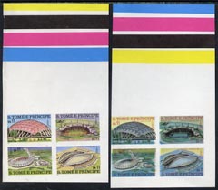 St Thomas & Prince Islands 1980 Olympic Games set of 4 (Stadia) imperf master proof in Alternative Colours plus master proof in issued colours, a rare group unmounted mint but usual slight defects from archival use, stamps on , stamps on  stamps on olympics, stamps on  stamps on stadia