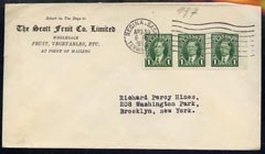 Canada 1937 cover to New york from Scott Fruit Co bearing 3 x 1c KG6 adhesives (1 damaged), stamps on fruit