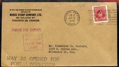 Canada 1948 cover to USA from Marks Stamp Co bearing KG6 4c endorsed Passed for Export and May be Opened for Postal Inspection, stamps on postal