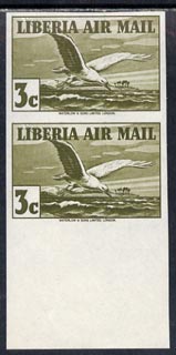 Liberia 1938 Tern 3c olive-green imperf pair unmounted mint, SG 567a