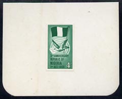 Nigeria 1968 Third Anniversary of Republic 4d (Dove & Flag) imperf machine proof mounted on small card as submitted for approval, stamps on flags, stamps on birds