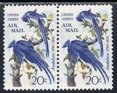 United States 1967 John Audubon 20c unused pair (without gum) with blue doubled (second impression 7mm away) SG A1304, stamps on birds, stamps on audubon