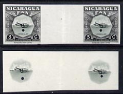 Nicaragua 1954 National Air Force 3c central vignette only plus completed design both in Imperf inter-paneau proof pairs folded through centre (ex Waterlow archives) as SG 1211, stamps on , stamps on  stamps on aviation