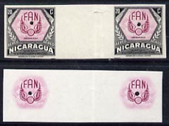 Nicaragua 1954 National Air Force 20c central vignette only plus completed design both in Imperf inter-paneau proof pairs folded through centre (ex Waterlow archives) as ..., stamps on aviation