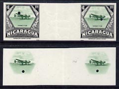 Nicaragua 1954 National Air Force 1 cor central vignette only plus completed design both in Imperf inter-paneau proof pairs folded through centre (ex Waterlow archives) a..., stamps on aviation