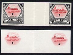 Nicaragua 1954 National Air Force 25c central vignette only plus completed design both in Imperf inter-paneau proof pairs folded through centre (ex Waterlow archives) as SG 1219, stamps on , stamps on  stamps on aviation