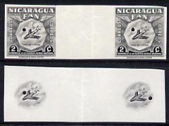 Nicaragua 1954 National Air Force 2c central vignette only plus completed design both in Imperf inter-paneau proof pairs folded through centre (ex Waterlow archives) as SG 1210, stamps on , stamps on  stamps on aviation