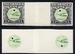 Nicaragua 1954 National Air Force 5c central vignette only plus completed design both in Imperf inter-paneau proof pairs folded through centre (ex Waterlow archives) as S..., stamps on aviation