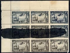 Spain 1930 Brequet 19GR & Santa Maria 4p (from Spanish-American Exhibition) SG 651 corner block of 9 with superb ink spill, stamps on , stamps on  stamps on aviation, stamps on  stamps on ships, stamps on  stamps on columbus, stamps on  stamps on explorers