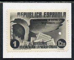 Spain 1936 colour trial proof of 1p Eagle (SG801) in black affixed to small piece overprinted 'Waterlow & Sons Ltd, Specimen' with small security puncture, stamps on , stamps on  stamps on birds, stamps on  stamps on birds of prey, stamps on  stamps on eagles