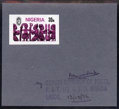 Nigeria 1977 Festival of Arts 30k (Arts & Crafts) imperf machine proof mounted on small card as submitted for approval, with Official handstamp and signed, stamps on arts, stamps on crafts