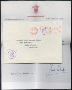 Great Britain 1973 cover and letter from Buckingham Palace with E2R on front in violet, Prince of Wales Feathers on reverse and letter heading.  Letter accepting a lunche..., stamps on royalty, stamps on polo, stamps on sport