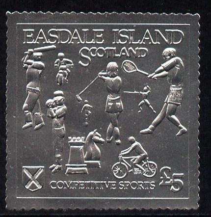 Easdale 1991 Competitive Sport #1 £5 embossed in silver foil (with border showing Golf, Cricket, Tennis, Scrambling, Bowls, Fencing, Cycling & Chess) unmounted mint, stamps on sport, stamps on bicycles, stamps on chess, stamps on cricket, stamps on fencing, stamps on golf, stamps on tennis, stamps on bowls, stamps on motorbikes, stamps on football
