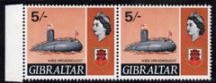 Gibraltar 1967-69 HMS Dreadnought 5s unmounted mint pair, one stamp with white flaw on front pf Sub, SG 211var, stamps on ships, stamps on submarines