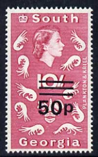 Falkland Islands Dependencies - South Georgia 1971-76 Surcharged 50p on 10s Plankton unmounted mint SG 31, stamps on marine life