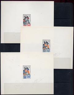 Congo 1962 Brazzaville Market 20f set of 3 imperf die proofs in different colours each on thin card signed by the designer and with Official impressed die stamp, as SG 19, stamps on cultures