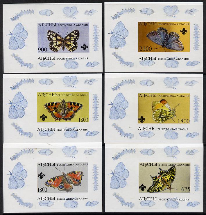 Abkhazia 1995 Butterflies (with Scout emblem) set of 6 imperf sheetlets unmounted mint, stamps on butterflies  scouts