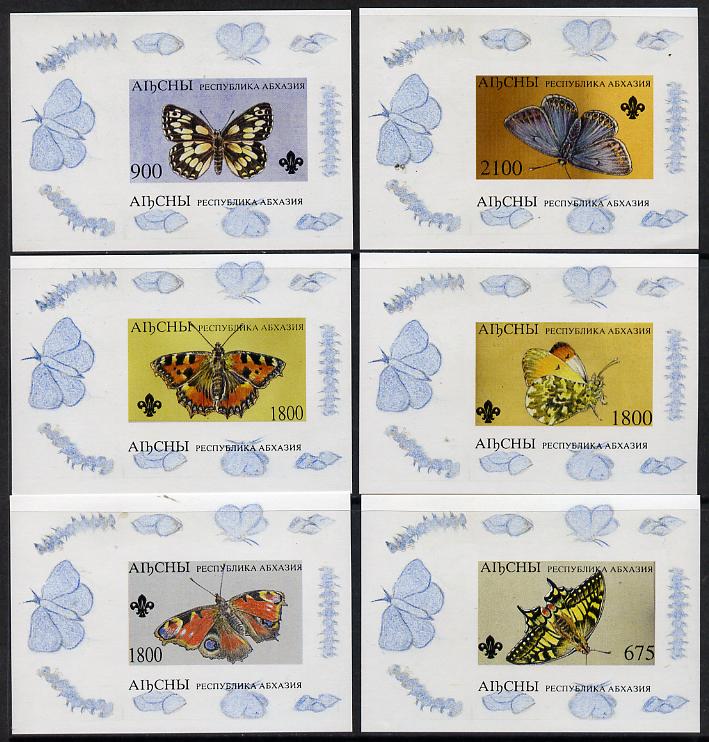 Abkhazia 1995 Butterflies (with Scout emblem) set of 6 imperf sheetlets unmounted mint, stamps on , stamps on  stamps on butterflies  scouts